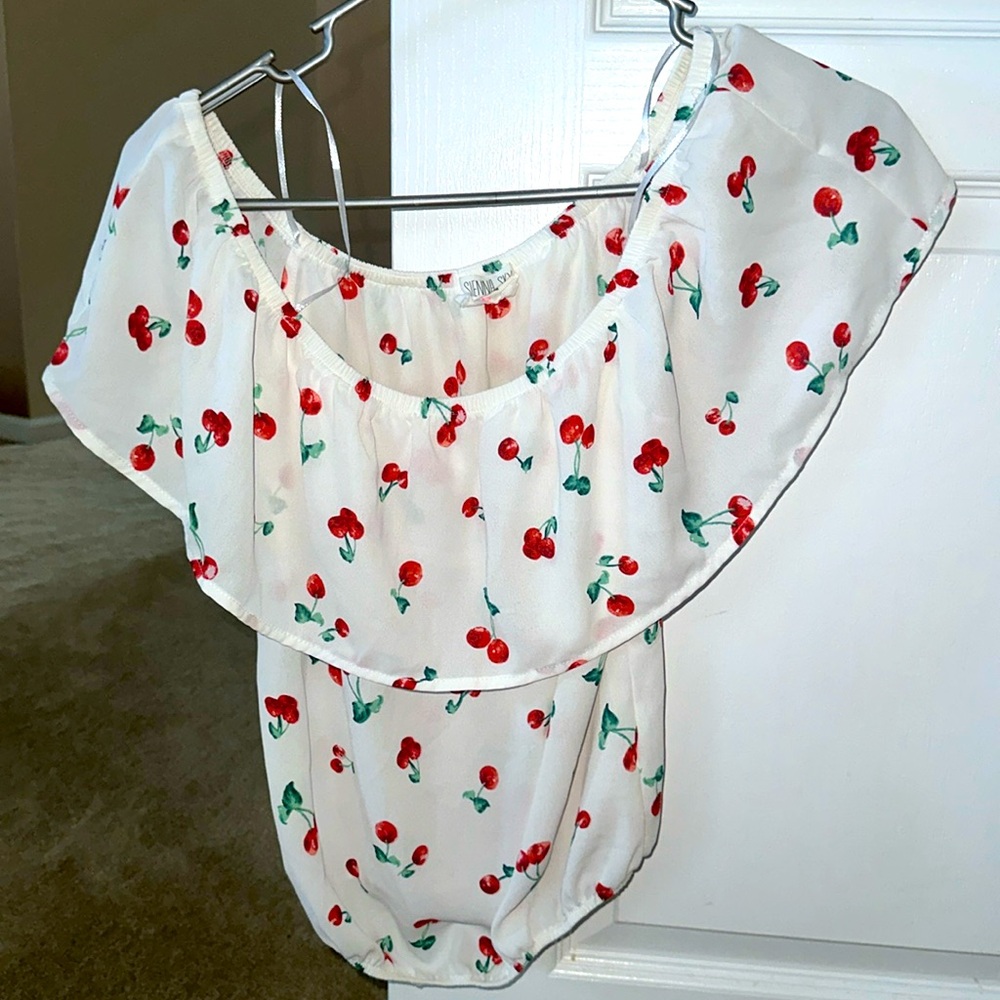 Women’s Adorable White and Red Cherries, Off the Shoulder Top